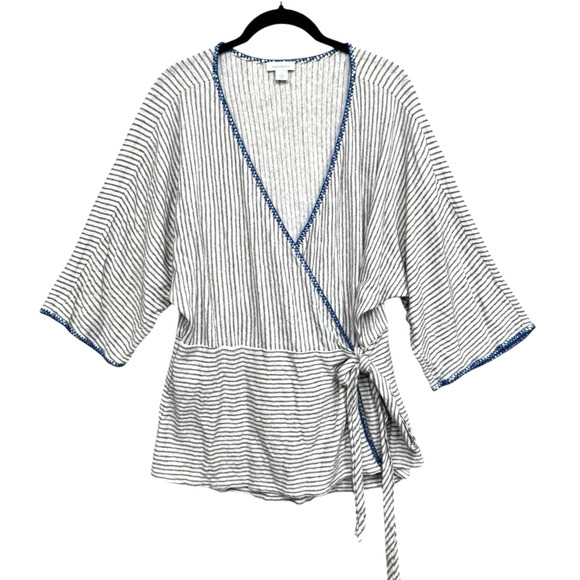 Sundance Wrap Top Womens Large White Gray Striped Belted Surplice Wide Sleeve - Picture 1 of 14